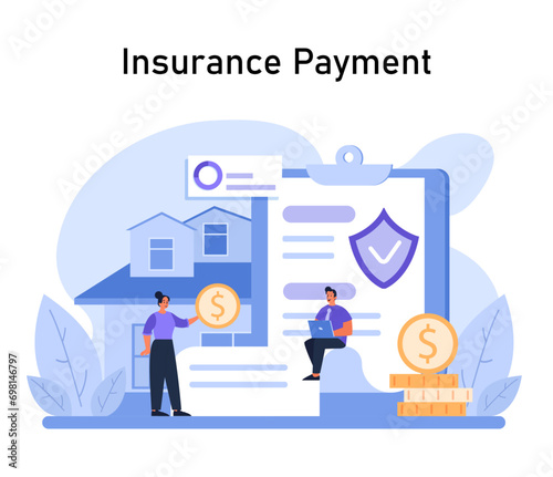 Insurance Payment concept. Individuals ensure home security through policy, showcasing timely premium payment and claim benefits. Assurance in property safety. Flat vector illustration.