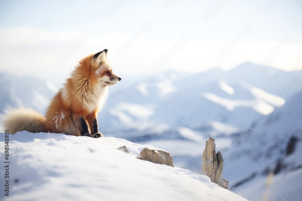 Fototapeta premium fox sitting, gazing out over a snow-laden valley