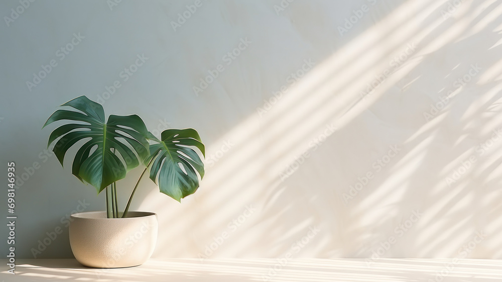Minimalistic light background with blurred Monstera Deliciosa plant pot shadow on a light wall. Beautiful background for presentation with with marble floor - obrazy, fototapety, plakaty 