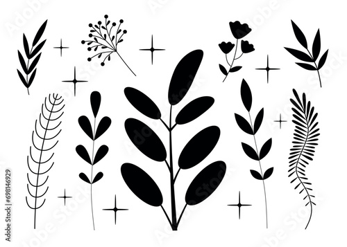 Plant silhouettes set. Isolated black elements. Decorative leaves, branches, flowers.