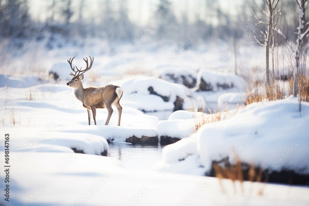 deer standing by a frozen stream in snowy meadow deer standing by a frozen stream in snowy meadow