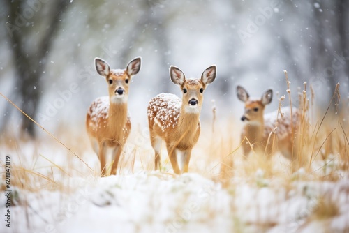 fawns playing amidst snowflakes in winter meadow © stickerside