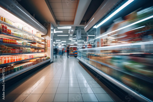 Grocery store blurred background without people. AI generative photo