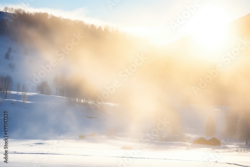 sunlight piercing through fog over a snow-blanketed hill