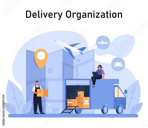 Delivery Organization concept. Efficient global logistics and distribution with a focus on rapid transportation, portrayed through multi-modal freight solutions. Flat vector illustration