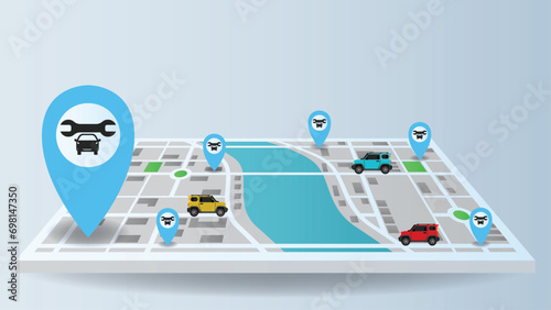 flat background of route navigation location city map with blue pin and garage shop fixing a car service