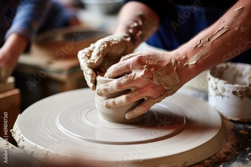 Clay artist forming jar from wet clay piece in workshop. Closeup man hands sculpting in pottery