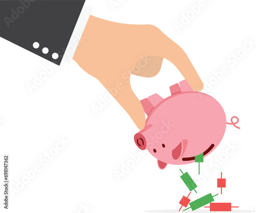 Stock market crash. Hand businessman Shaking Empty Piggy Bank with No Money inside. Bankruptcy, Investment Decrease, Budget Deficit. Flat vector illustration.

