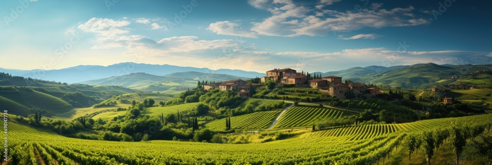 Panoramic view of a vineyard in Tuscany, wine tourism, rolling hills and grapevines