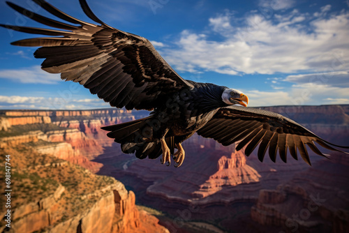 A California Condor soaring against the backdrop of the scenic  rugged cliffs of the Grand Canyon