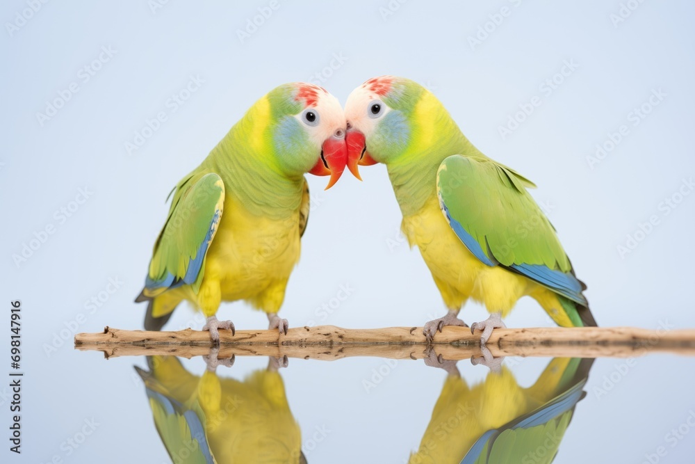 Fototapeta premium vibrant parakeet touching beak to mirror image