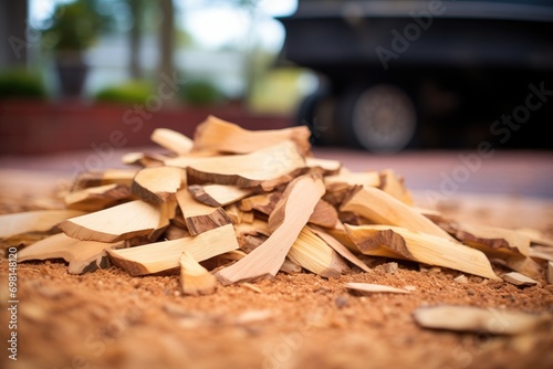 freshly cut hickory logs with wood chips