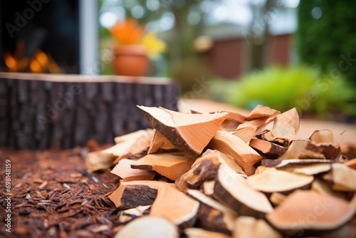freshly split log pieces with wood chips photo