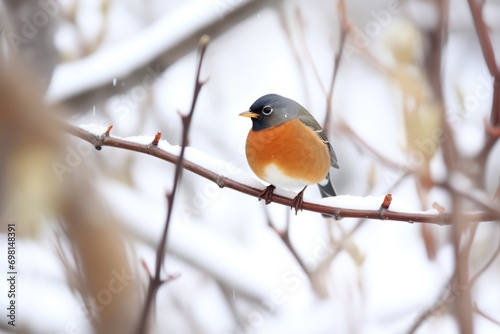 full profile of robin on snow-cloaked shrub branch