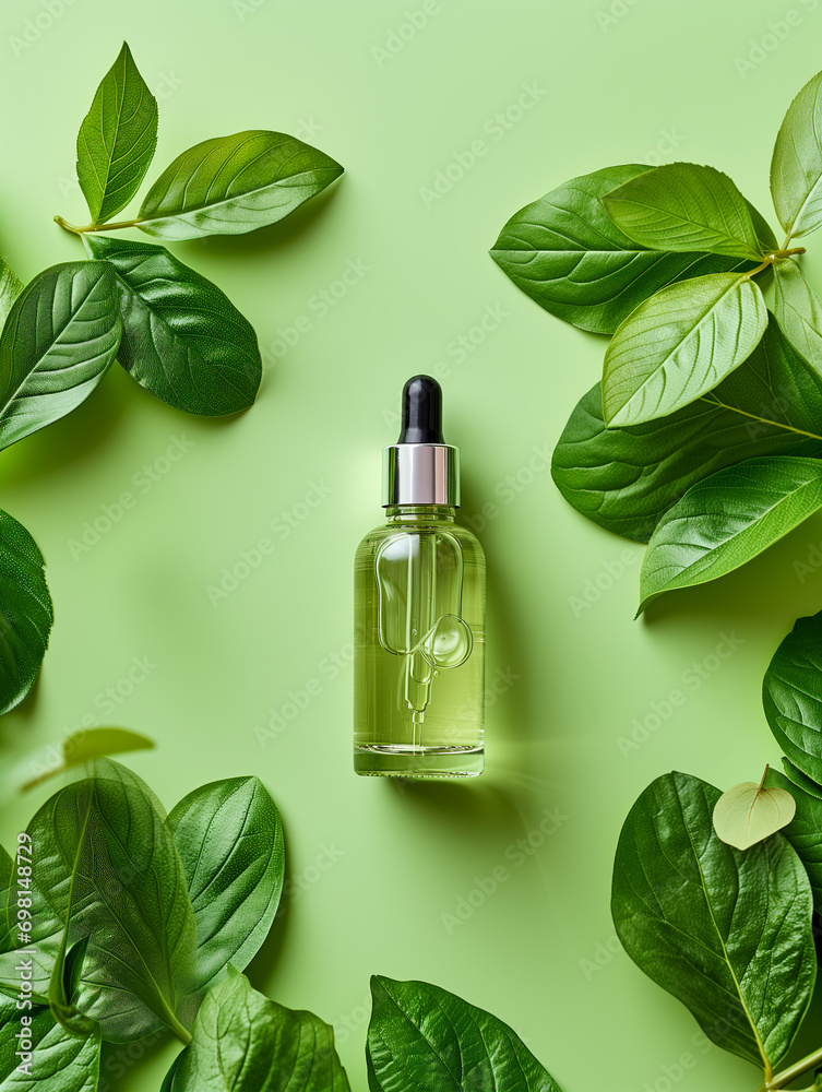 Natural cosmetic product oil or essence in a bottle with a dropper, with fresh green leaves, top view. Concept of beauty, skin, hair or body care Natural cosmetic product oil or essence in a bottle with a dropper, with fresh green leaves, top view. Concept of beauty, skin, hair or body care