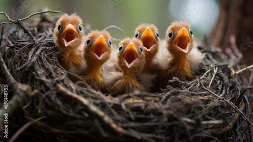 A group of baby songbirds opening their beaks wide, waiting for food in their cozy nest.