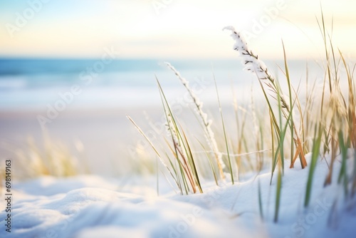 frosted sea grass with snowy beach and calming waves