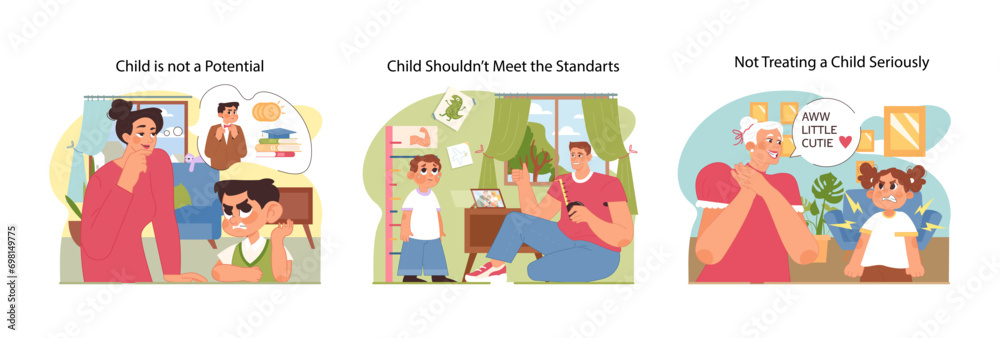 Child autonomy set. Janusz Korczak How to Love a Child book. Respecting children as individuals and taking their opinions seriously. Child respect and self-esteem development. Flat vector illustration