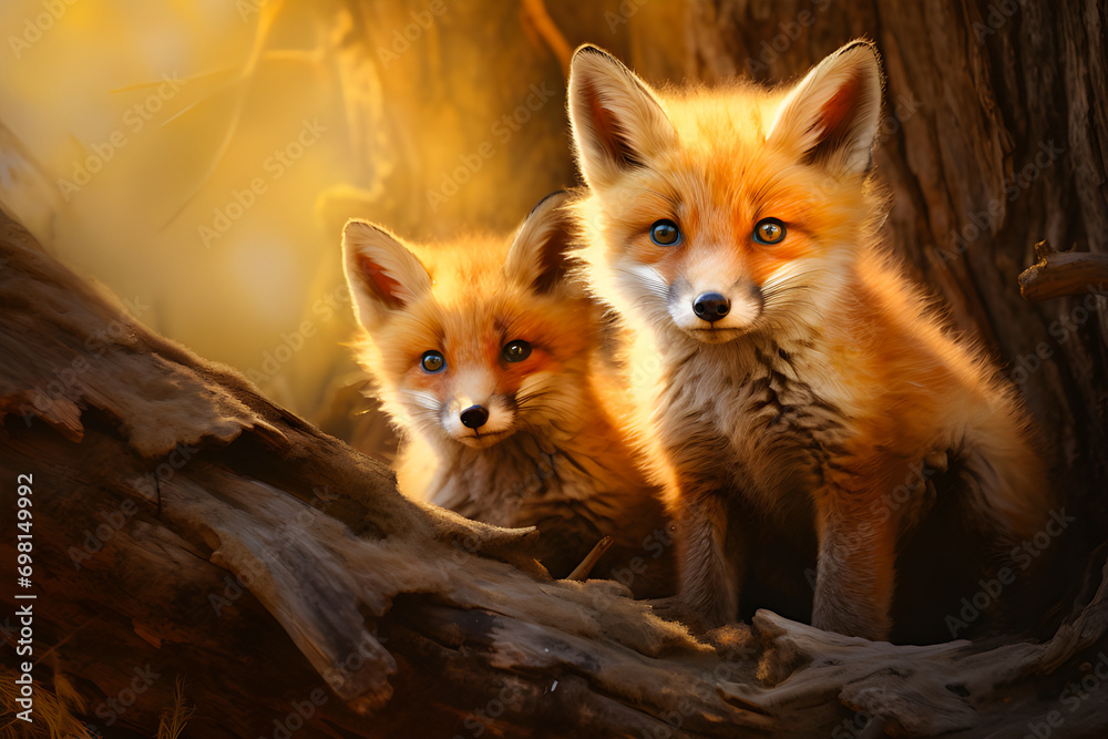 Two fox cubs, orange glow, sitting on wood, autumn leaves, warm light, curious eyes, soft fur, peaceful forest scene Two fox cubs, orange glow, sitting on wood, autumn leaves, warm light, curious eyes, soft fur, peaceful forest scene
