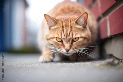 cat crouched in shadow, eyes focused © stickerside
