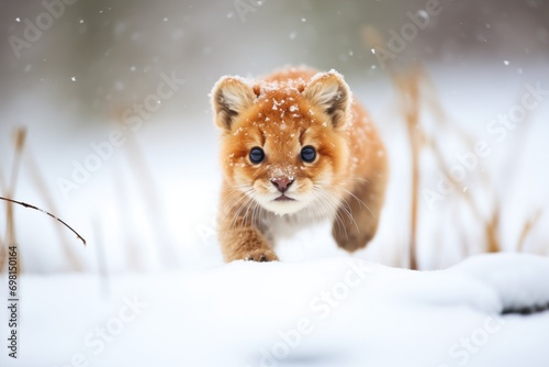 puma prowling in snow-covered terrain