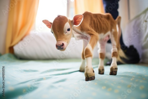newborn calf taking its first steps on bedding photo