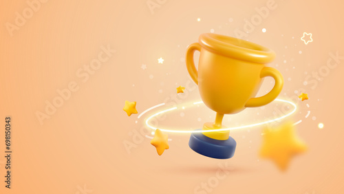 Champion cup 3d vector illustration. Win prize, first place sport competition. Cartoon trophy cup with flying stars on light background