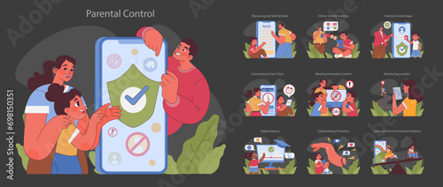 Parental control set. Managing child safety online with diverse applications. Family engaging in digital education, content filtering, and activity monitoring. Flat vector illustration