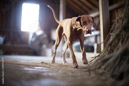 a vizsla hunting for rodents in the barn photo