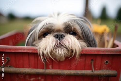 shih tzu peeking out from a basket on a farm cart © stickerside