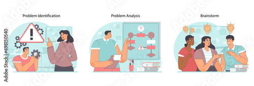 Problem-solving stages set. Beginning stages of processing complicated situation. Pinpointing issues, dissecting complexities, and ideating solutions. Navigating thought processes. Flat vector