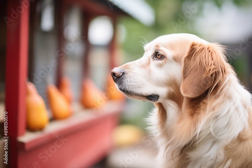 mcnab dog staring attentively at a chicken coop