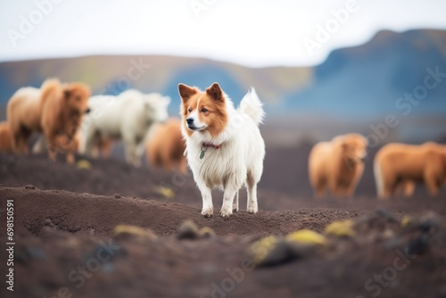 icelandic sheepdog with a herd on volcanic terrain