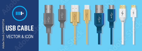 3D USB cable. USB cable line icon. White and Black USB cable vector icon. Mobile phone charging cable. Micro USB cables.