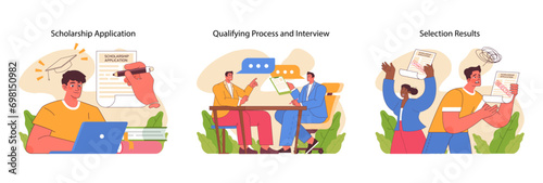Scholarship journey set. Men and women taking steps from application to selection in student funding. Interviews, assessments, and final results. Education gateways illustrated. Flat vector