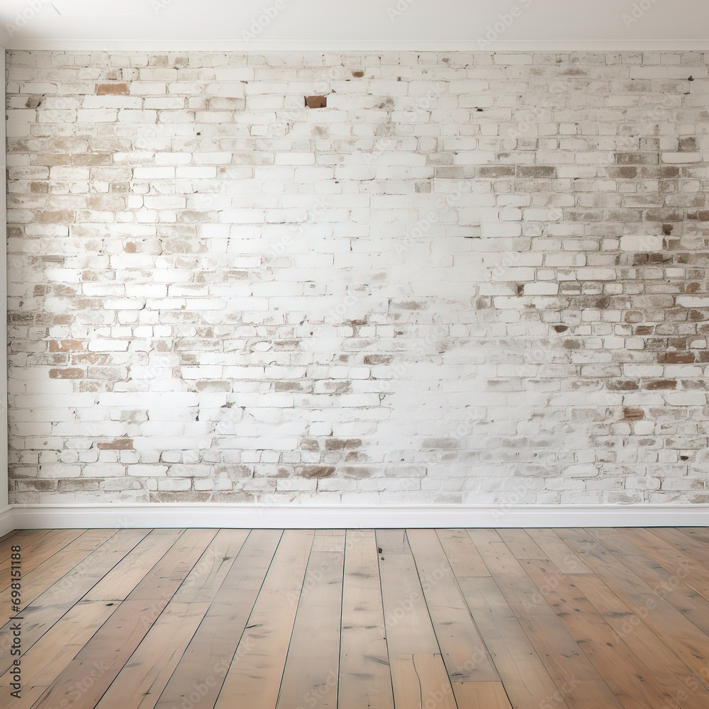 Fototapeta premium An empty background. Wooden parquet and brick wall