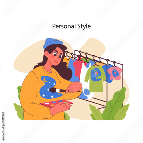 Personal style concept. Stylish individual curating wardrobe, painting clothes with personal touch. DIY unique garment, favorite pattern. Fashion meets creativity. Flat vector illustration