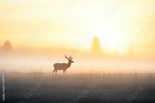 silhouette of elk at sunrise in a misty field