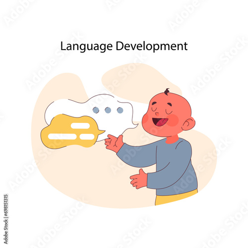 Language Development concept. A cheerful baby engages in early speech, symbolized by abstract speech bubbles, indicating the beginnings of language acquisition. Flat vector illustration.