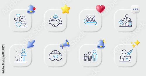Love, Travel delay and Queue line icons. Buttons with 3d bell, chat speech, cursor. Pack of Dont handshake, Stats, Vaccination appointment icon. Business hierarchy, Vr pictogram. Vector