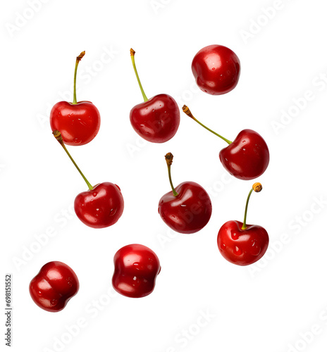 Cherry isolated. Sour cherry. Cherries with leaves on png background.