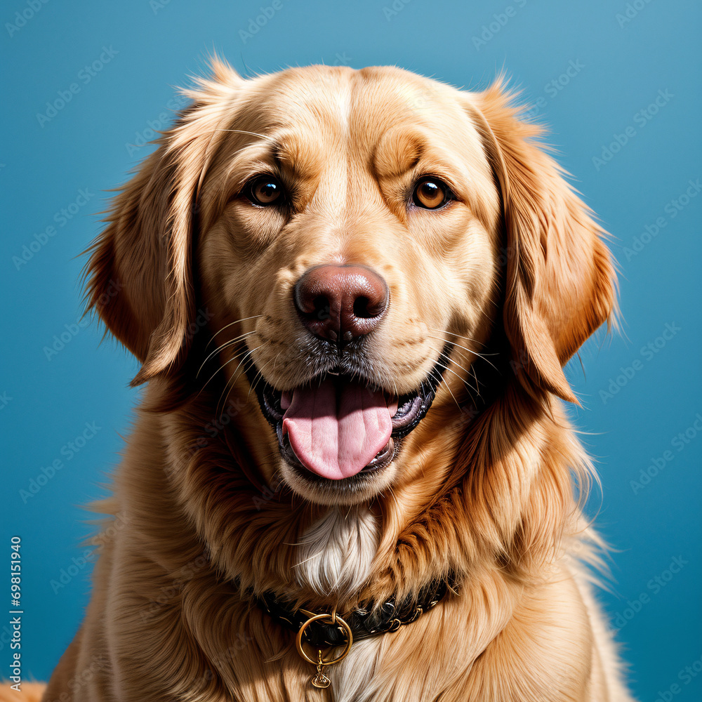 Portrait of a golden retriever dog looking at the camera with his tongue hanging out on a blue background