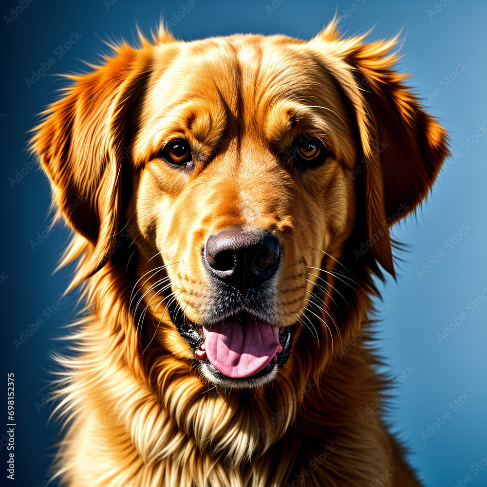 Fototapeta premium Illustration portrait of a golden retriever with his tongue hanging out, on a blue background with side light