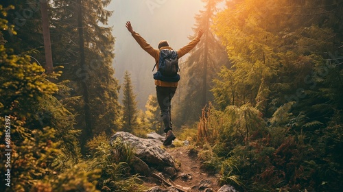 Successful Hiker Celebrating on Mountain Top - Lifestyle Concept photo