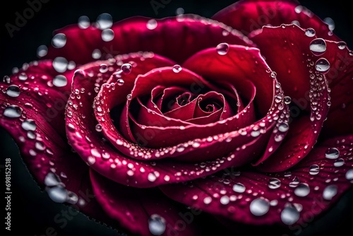 A up-close photograph of a rose petal with dewdrops.