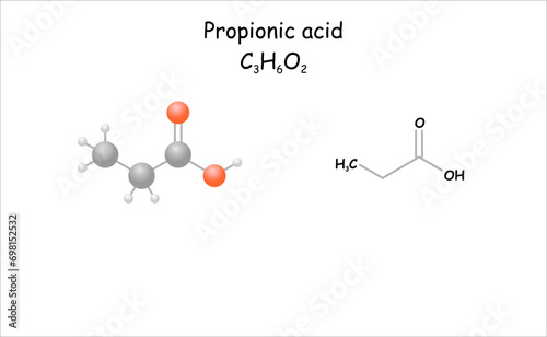 Stylized molecule model/structural of the food preservative propionic acid. photo