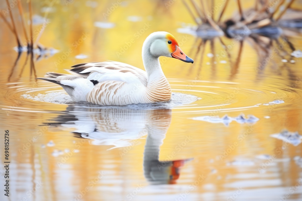 Fototapeta premium nesting goose with reflection in still pond water