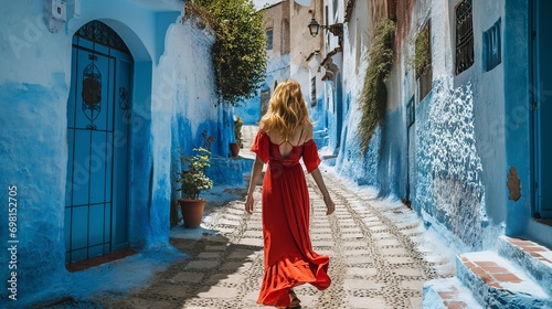 Young woman in red dress visiting Chefchaouen, Morocco - Travel concept © mattegg