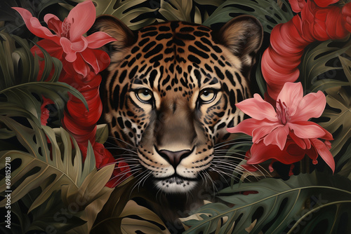 tiger in the jungle with flowers