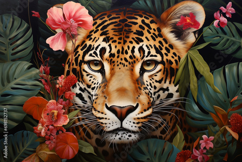 tiger in the jungle with flowers